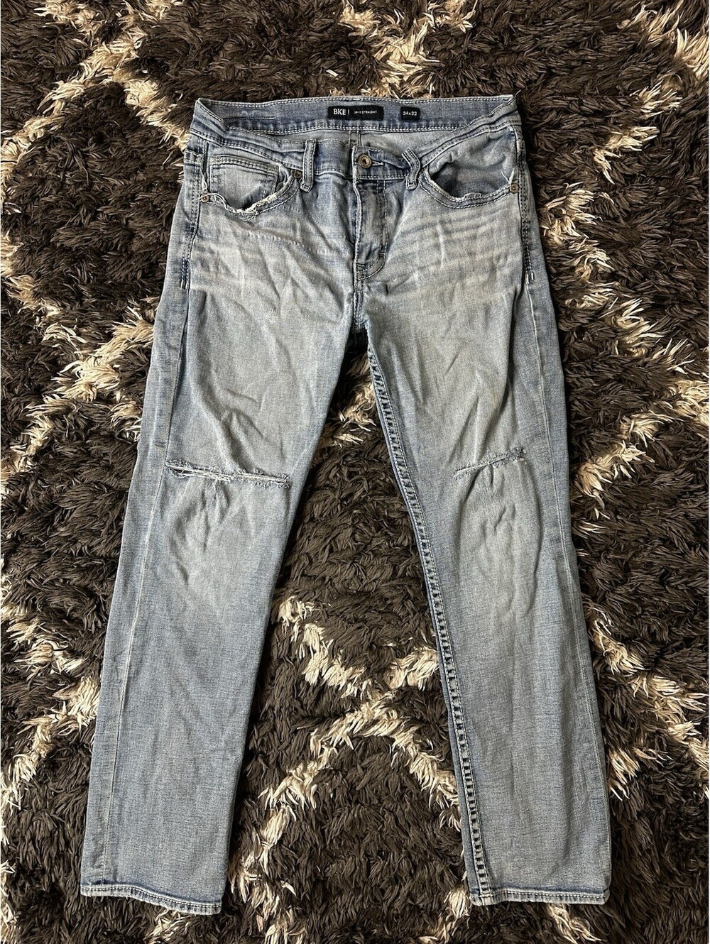 BKE Jake Straight Men Denim Jeans Size 34x32 Light Wash Distressed Ripped Denim